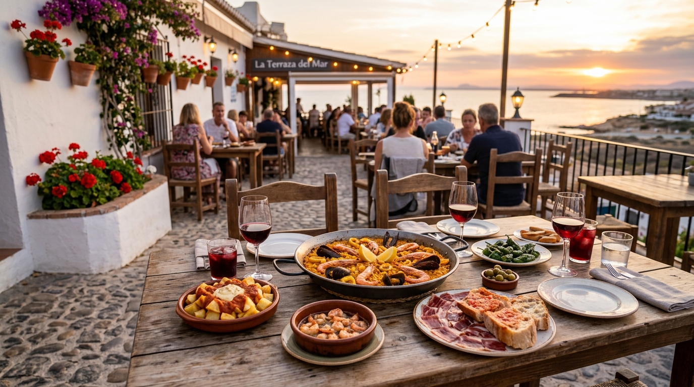 Taras śródziemnomorskiej restauracji w Gran Alacant z tapas i paellą w złotym świetle wieczoru