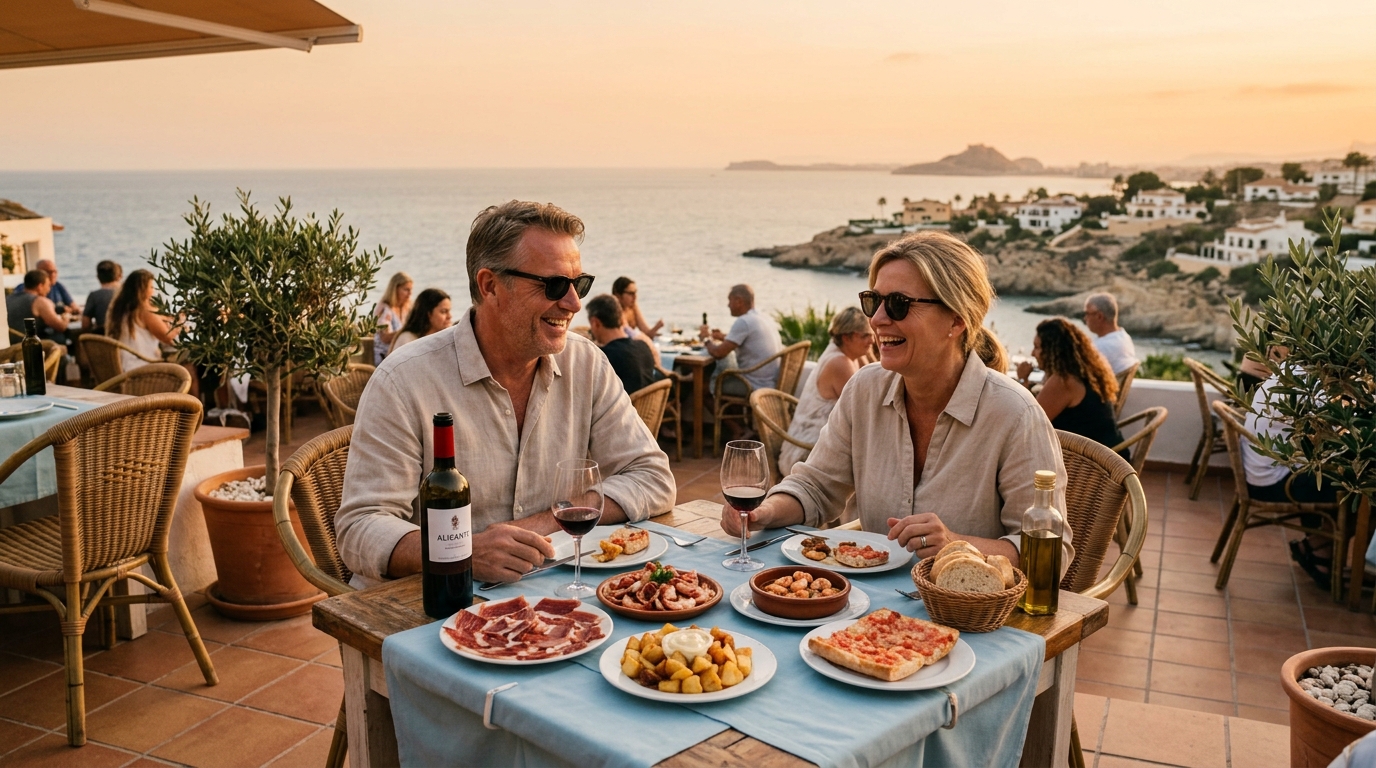 Outdoor terrace café in Gran Alacant with Mediterranean view, tapas and wine on the table — cost of living guide 2026