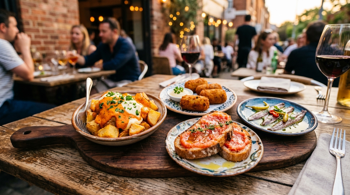 Selekcja tapas: patatas bravas, croquetas, pan con tomate, anchoas na deskach