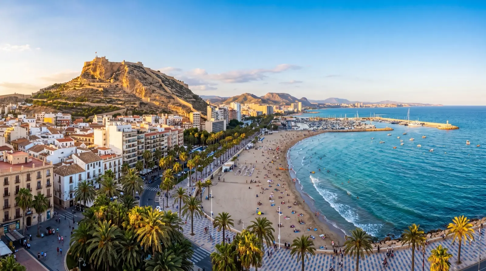 Alicante coastline panorama — Castillo de Santa Bárbara, turquoise Mediterranean and beach
