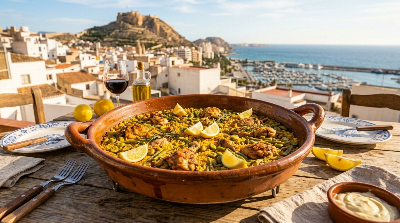 Traditional Spanish paella valenciana in a large pan — golden saffron rice with chicken and rabbit, Alicante, Spain