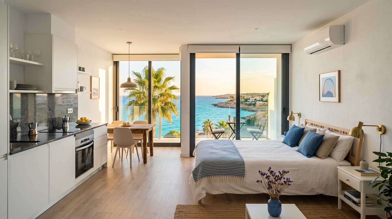 Nowoczesne apartament studio w Gran Alacant z widokiem na morze, aneksem kuchennym i jasnym wnętrzem w stylu śródziemnomorskim