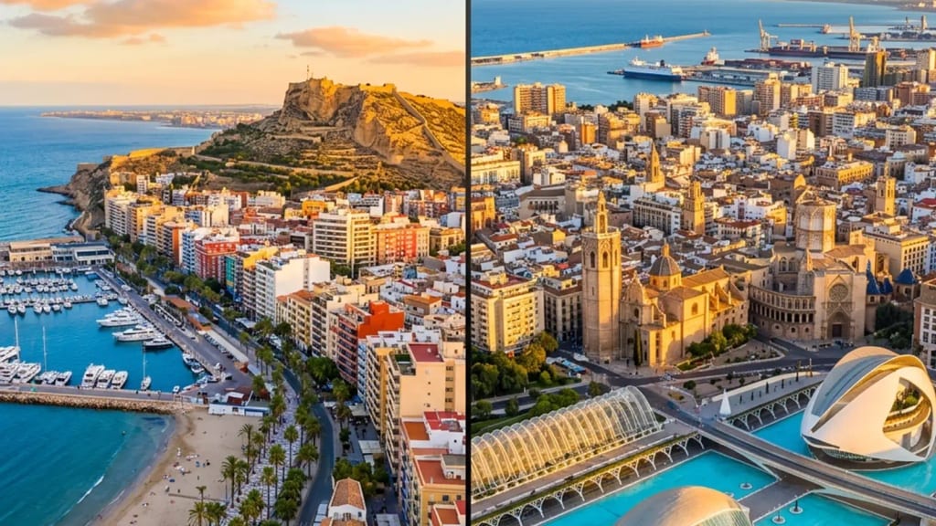 Alicante castle and Valencia modern City of Arts and Sciences compared side by side
