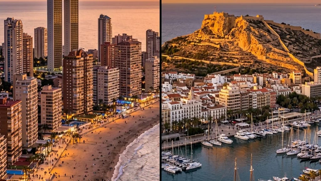 Skyscrapers of Benidorm Poniente beach and Santa Barbara castle in Alicante at sunset
