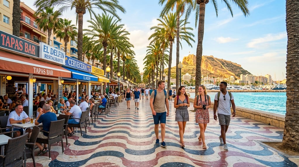 Promenada Explanada de España w Alicante z palmami i turystami w słoneczny dzień