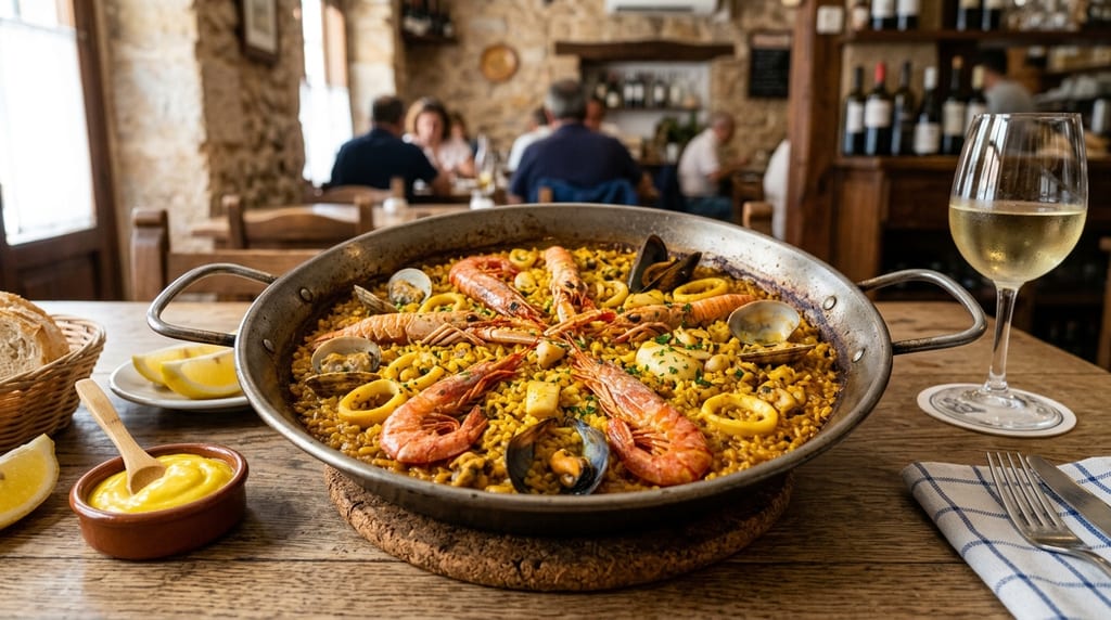 Arroz a banda — Valencian rice in fish broth served in paella pan, Gran Alacant