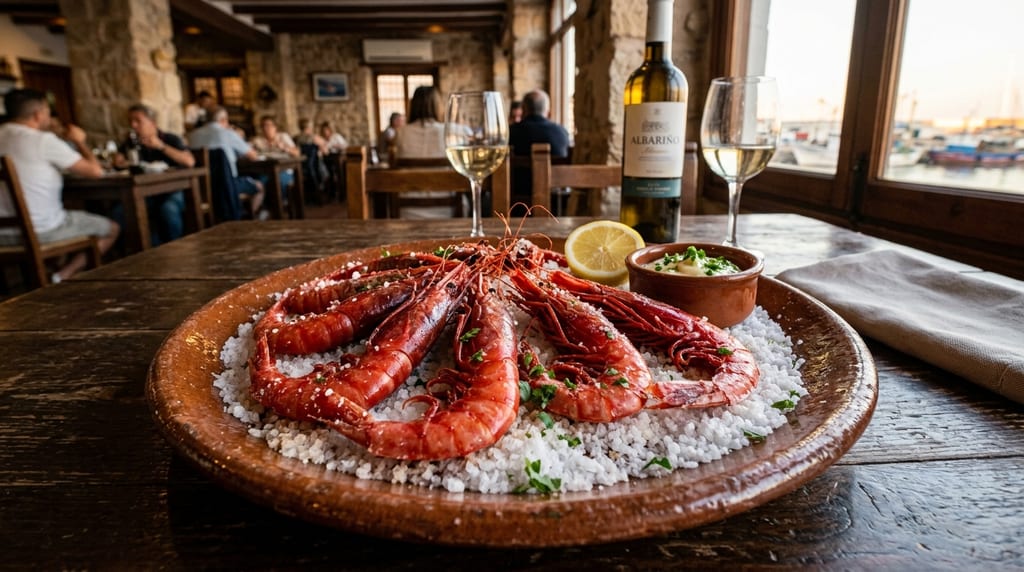 Gamba roja de Santa Pola — deep-red prawns a la sal from Santa Pola fishing port