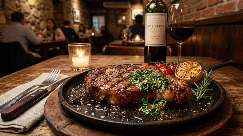 Argentine ribeye steak with chimichurri sauce on cast iron plate at Gran Alacant steakhouse