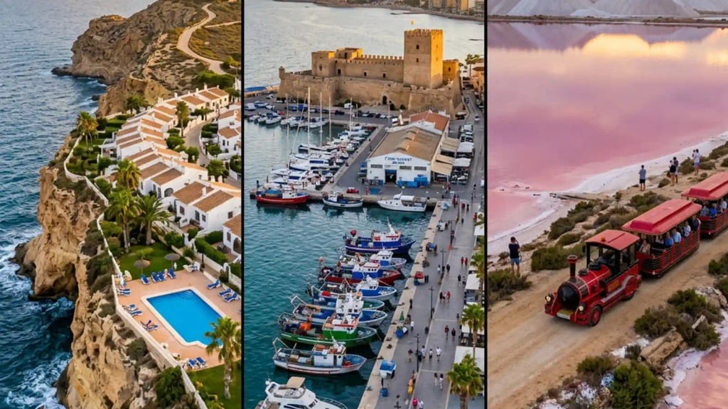 Costa Blanca coastline comparison: Gran Alacant cliffs, Santa Pola port, and Torrevieja promenade