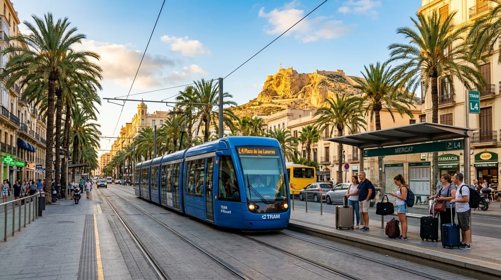 Public transport in Alicante — TRAM tram on a Mediterranean boulevard with palm trees, golden hour