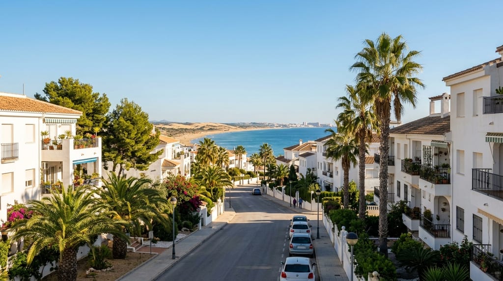 Zima w Gran Alacant, Costa Blanca — słoneczny dzień w styczniu, palmy i białe budynki