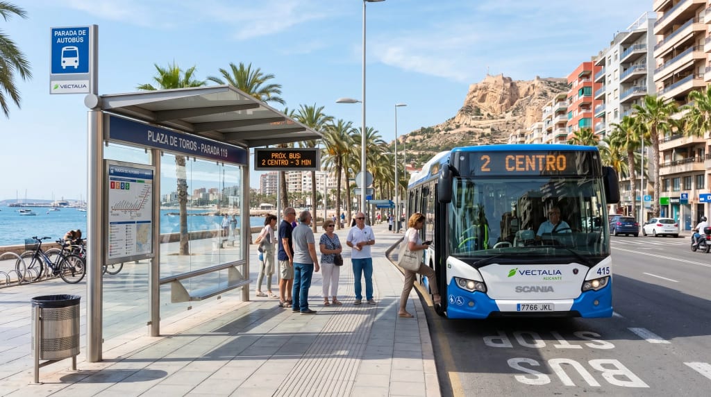 Autobus miejski na przystanku w Alicante — codzienny transport